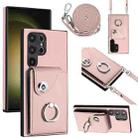 For Samsung Galaxy S24 Ultra 5G Organ Card Bag Ring Holder Phone Case with Long Lanyard(Pink) - 1