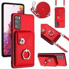 For Samsung Galaxy S20 FE Organ Card Bag Ring Holder Phone Case with Long Lanyard(Red) - 1