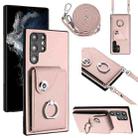 For Samsung Galaxy S22 Ultra 5G Organ Card Bag Ring Holder Phone Case with Long Lanyard(Pink) - 1