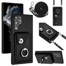 For Samsung Galaxy S22 Ultra 5G Organ Card Bag Ring Holder Phone Case with Long Lanyard(Black) - 1