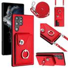 For Samsung Galaxy S22 Ultra 5G Organ Card Bag Ring Holder Phone Case with Long Lanyard(Red) - 1