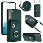 For Samsung Galaxy S21 FE 5G Organ Card Bag Ring Holder Phone Case with Long Lanyard(Green) - 1