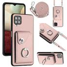 For Samsung Galaxy A12 Organ Card Bag Ring Holder Phone Case with Long Lanyard(Pink) - 1