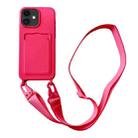 For iPhone 11 Card Slot Liquid Silicone Phone Case with Lanyard(Rose Red) - 1