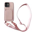 For iPhone 12 Card Slot Liquid Silicone Phone Case with Lanyard(Light Pink) - 1