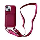 For iPhone 13 Card Slot Liquid Silicone Phone Case with Lanyard(Wine Red) - 1