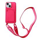 For iPhone 13 Card Slot Liquid Silicone Phone Case with Lanyard(Rose Red) - 1