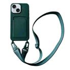 For iPhone 13 Card Slot Liquid Silicone Phone Case with Lanyard(Dark Green) - 1