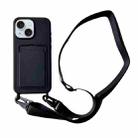 For iPhone 14 Plus Card Slot Liquid Silicone Phone Case with Lanyard(Black) - 1