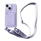 For iPhone 14 Plus Card Slot Liquid Silicone Phone Case with Lanyard(Light Purple) - 1