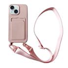 For iPhone 14 Plus Card Slot Liquid Silicone Phone Case with Lanyard(Light Pink) - 1