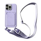 For iPhone 14 Pro Max Card Slot Liquid Silicone Phone Case with Lanyard(Light Purple) - 1