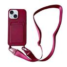 For iPhone 15 Card Slot Liquid Silicone Phone Case with Lanyard(Wine Red) - 1
