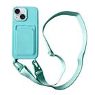For iPhone 15 Card Slot Liquid Silicone Phone Case with Lanyard(Mint Green) - 1