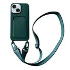 For iPhone 15 Card Slot Liquid Silicone Phone Case with Lanyard(Dark Green) - 1