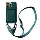 For iPhone 16 Pro Card Slot Liquid Silicone Phone Case with Lanyard(Dark Green) - 1