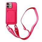 For iPhone 16 Plus Card Slot Liquid Silicone Phone Case with Lanyard(Rose Red) - 1