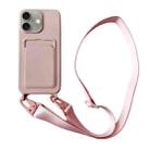 For iPhone 16 Card Slot Liquid Silicone Phone Case with Lanyard(Light Pink) - 1