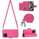 For iPhone 15 Pro Max Rhombic Texture Flip Leather Phone Case with Long Lanyard(Rose Red) - 1