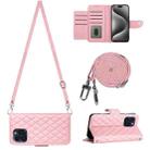 For iPhone 15 Pro Max Rhombic Texture Flip Leather Phone Case with Long Lanyard(Pink) - 1