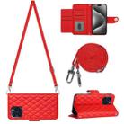For iPhone 15 Pro Rhombic Texture Flip Leather Phone Case with Long Lanyard(Red) - 1