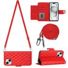 For iPhone 15 Plus Rhombic Texture Flip Leather Phone Case with Long Lanyard(Red) - 1