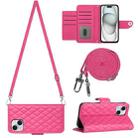 For iPhone 15 Rhombic Texture Flip Leather Phone Case with Long Lanyard(Rose Red) - 1