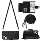 For iPhone 14 Plus Rhombic Texture Flip Leather Phone Case with Long Lanyard(Black) - 1