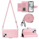 For iPhone 14 Rhombic Texture Flip Leather Phone Case with Long Lanyard(Pink) - 1