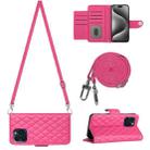 For iPhone 14 Pro Rhombic Texture Flip Leather Phone Case with Long Lanyard(Rose Red) - 1