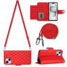 For iPhone 13 Rhombic Texture Flip Leather Phone Case with Long Lanyard(Red) - 1