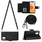 For iPhone 12 / 12 Pro Rhombic Texture Flip Leather Phone Case with Long Lanyard(Black) - 1