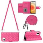 For iPhone 12 / 12 Pro Rhombic Texture Flip Leather Phone Case with Long Lanyard(Rose Red) - 1
