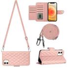 For iPhone 12 / 12 Pro Rhombic Texture Flip Leather Phone Case with Long Lanyard(Coral Pink) - 1