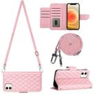 For iPhone 12 / 12 Pro Rhombic Texture Flip Leather Phone Case with Long Lanyard(Pink) - 1
