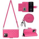 For iPhone 12 Pro Max Rhombic Texture Flip Leather Phone Case with Long Lanyard(Rose Red) - 1