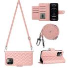 For iPhone 12 Pro Max Rhombic Texture Flip Leather Phone Case with Long Lanyard(Coral Pink) - 1