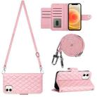 For iPhone 11 Rhombic Texture Flip Leather Phone Case with Long Lanyard(Pink) - 1