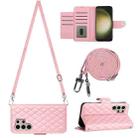 For Samsung Galaxy S24 Ultra 5G Rhombic Texture Flip Leather Phone Case with Long Lanyard(Pink) - 1