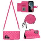 For Samsung Galaxy S22 Ultra 5G Rhombic Texture Flip Leather Phone Case with Long Lanyard(Rose Red) - 1