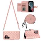 For Samsung Galaxy S22 Ultra 5G Rhombic Texture Flip Leather Phone Case with Long Lanyard(Coral Pink) - 1