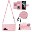 For Samsung Galaxy S22 Ultra 5G Rhombic Texture Flip Leather Phone Case with Long Lanyard(Pink) - 1