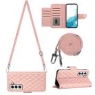 For Samsung Galaxy S22+ 5G Rhombic Texture Flip Leather Phone Case with Long Lanyard(Coral Pink) - 1