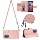 For Motorola Moto G Play 4G 2024 Rhombic Texture Flip Leather Phone Case with Long Lanyard(Coral Pink) - 1