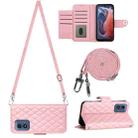 For Motorola Moto G Play 4G 2024 Rhombic Texture Flip Leather Phone Case with Long Lanyard(Pink) - 1