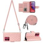 For Motorola Moto G84 Rhombic Texture Flip Leather Phone Case with Long Lanyard(Coral Pink) - 1