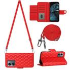 For Motorola Moto G14 Rhombic Texture Flip Leather Phone Case with Long Lanyard(Red) - 1