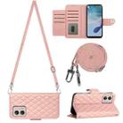 For Motorola Moto G53 / G23 / G13 Rhombic Texture Flip Leather Phone Case with Long Lanyard(Coral Pink) - 1