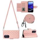 For Motorola Moto G Stylus 5G 2022 Rhombic Texture Flip Leather Phone Case with Long Lanyard(Coral Pink) - 1