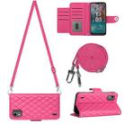 For Nokia C12 Rhombic Texture Flip Leather Phone Case with Long Lanyard(Rose Red) - 1